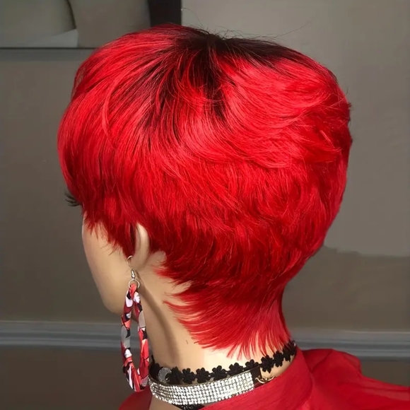 180% Density 1B/Red Layered Pixie Cut Wavy Short Human Hair Wigs with Bangs - Picture 3 of 3
